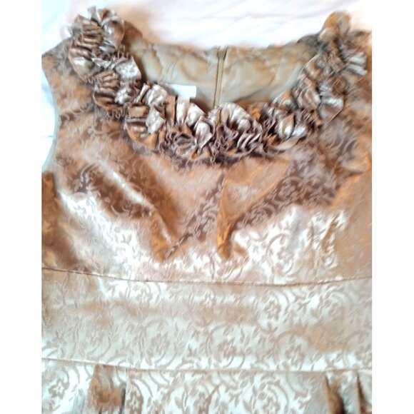 London Times Size 10 Woman Cocktail Dress Knee Length Gold Ruffled Neck - Picture 2 of 15